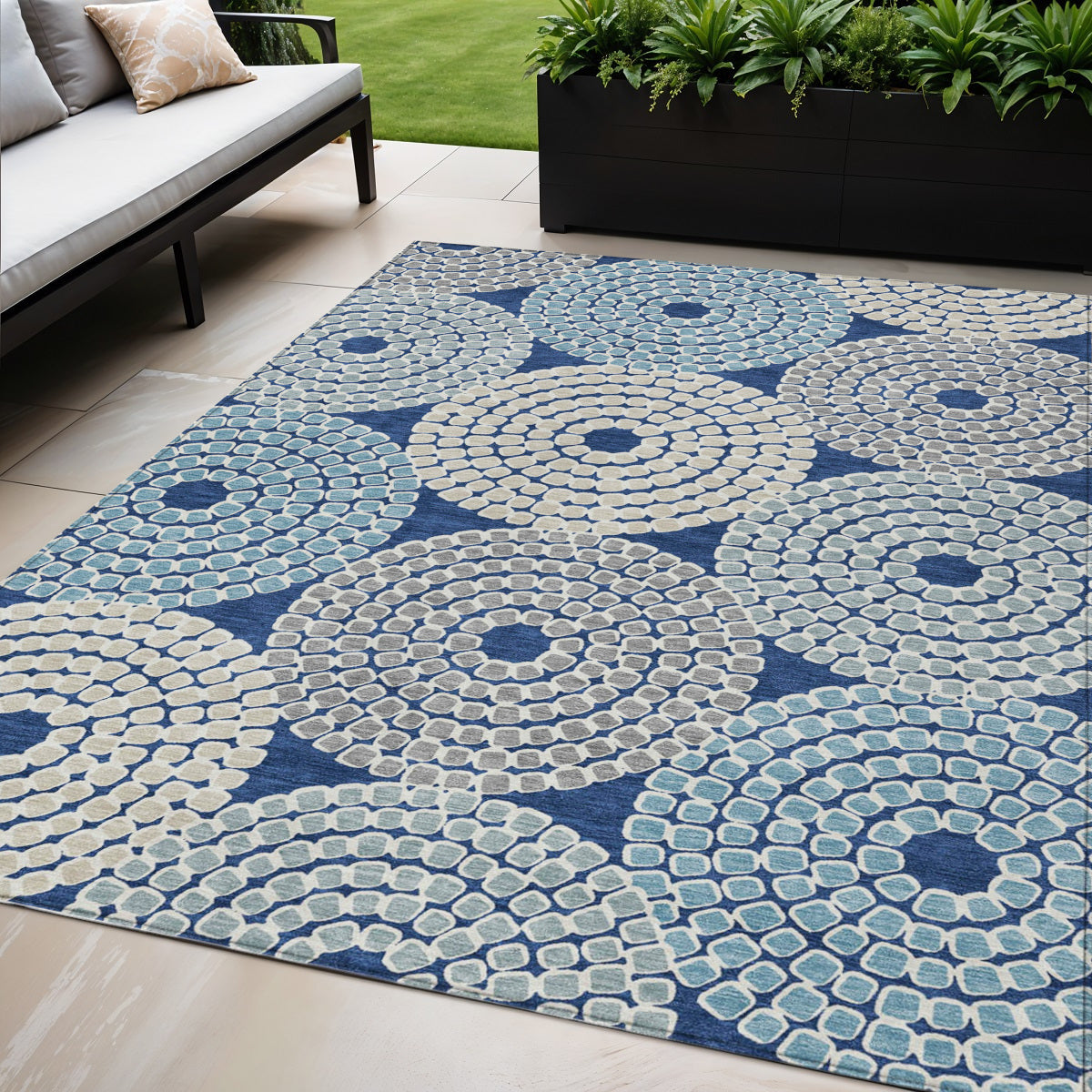 5' X 8' Navy Blue Gray And Aqua Geometric Washable Indoor Outdoor Area Rug