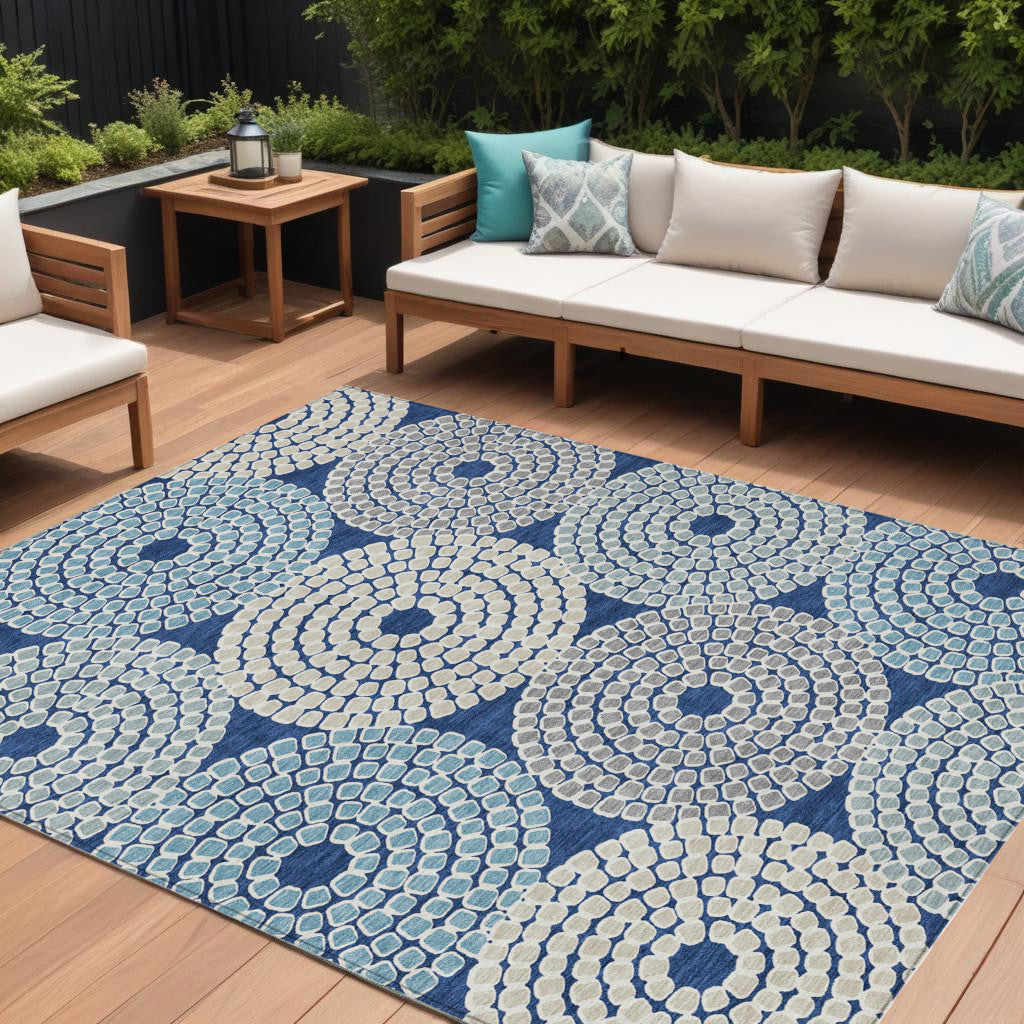 9' X 12' Navy Blue Gray And Aqua Geometric Washable Indoor Outdoor Area Rug