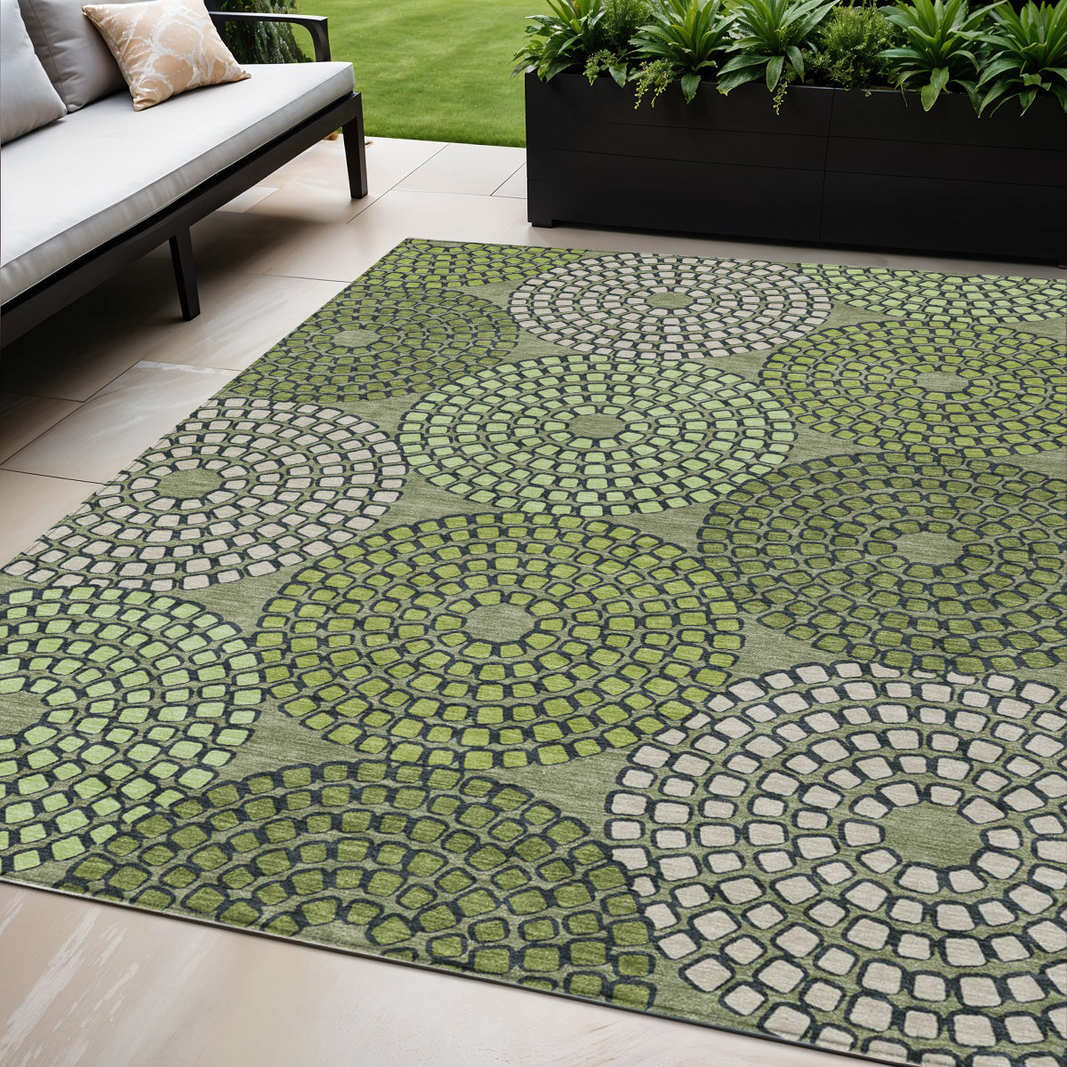 5' X 8' Olive Green And Beige Geometric Washable Indoor Outdoor Area Rug