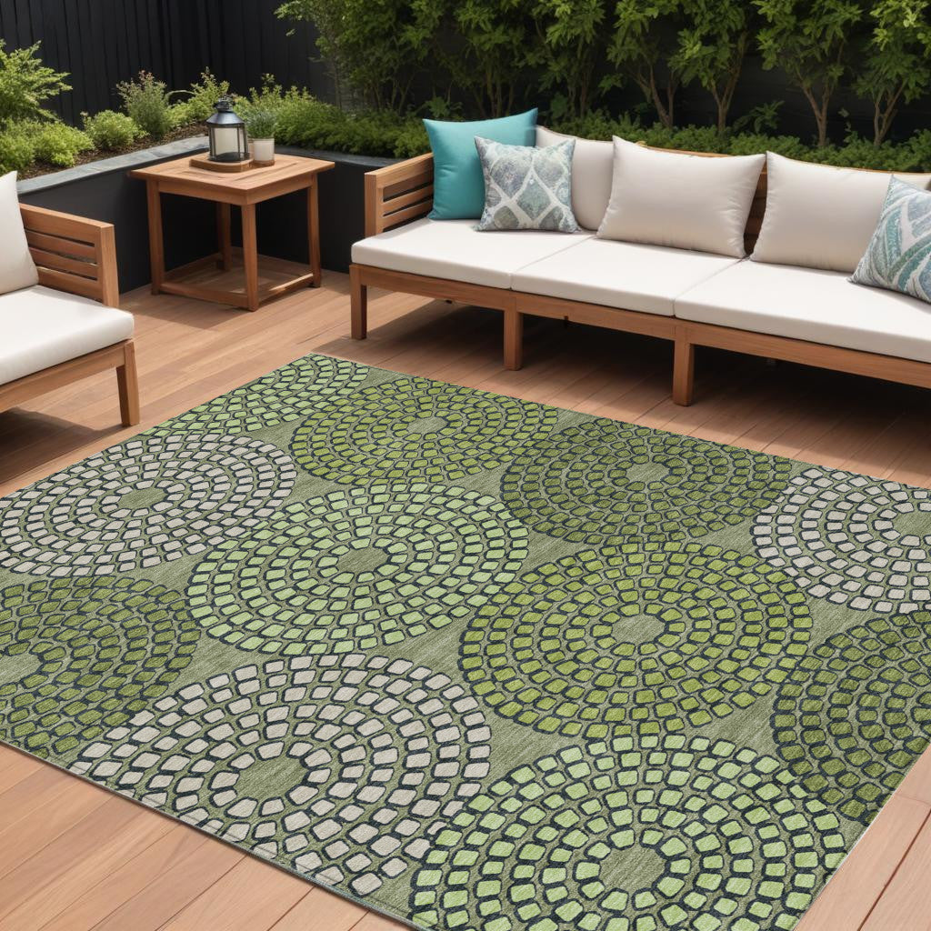 9' X 12' Olive Green And Beige Geometric Washable Indoor Outdoor Area Rug