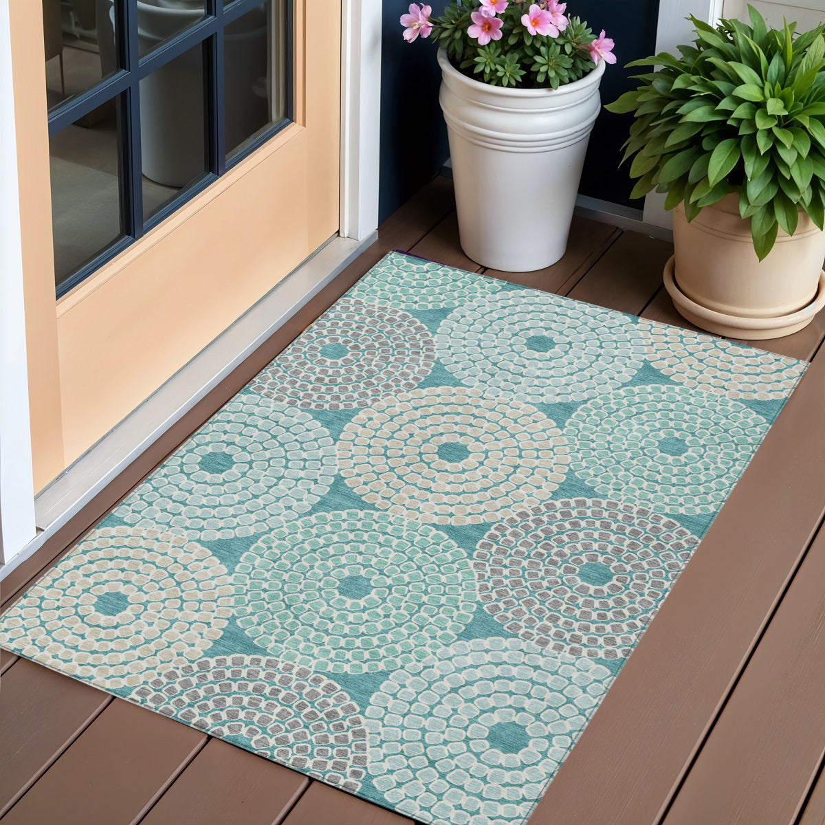 3' X 5' Teal Blue Beige And Gray Geometric Washable Indoor Outdoor Area Rug