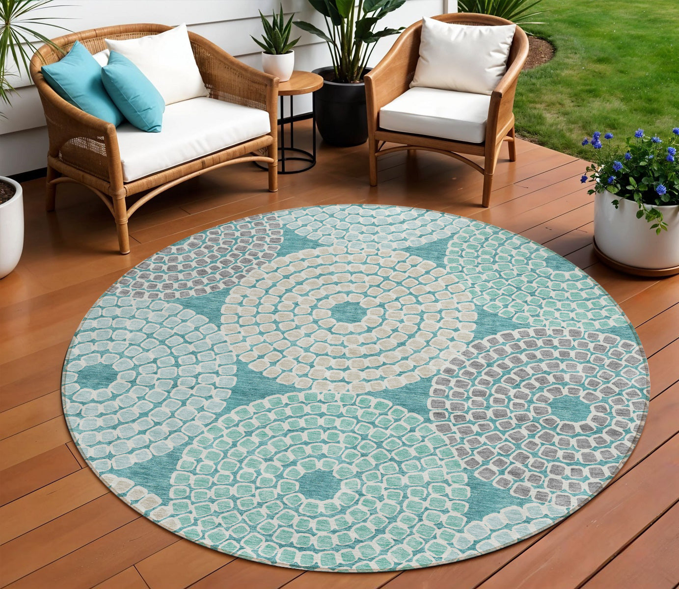 8' Teal Blue Beige And Gray Round Geometric Washable Indoor Outdoor Area Rug
