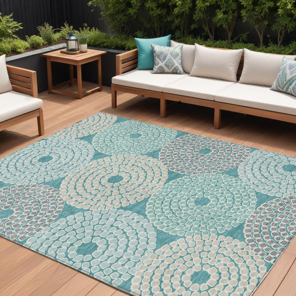 9' X 12' Teal Blue Beige And Gray Geometric Washable Indoor Outdoor Area Rug