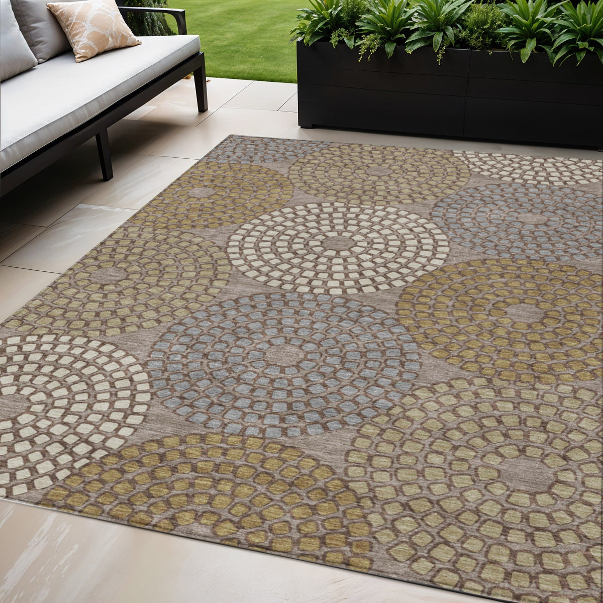 5' X 8' Taupe Beige And Green Geometric Washable Indoor Outdoor Area Rug