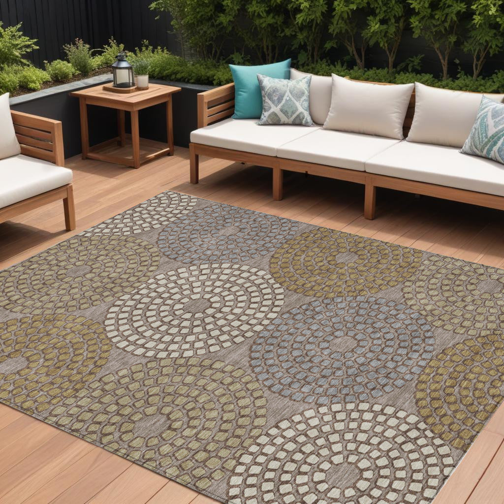 10' X 14' Taupe Beige And Green Geometric Washable Indoor Outdoor Area Rug