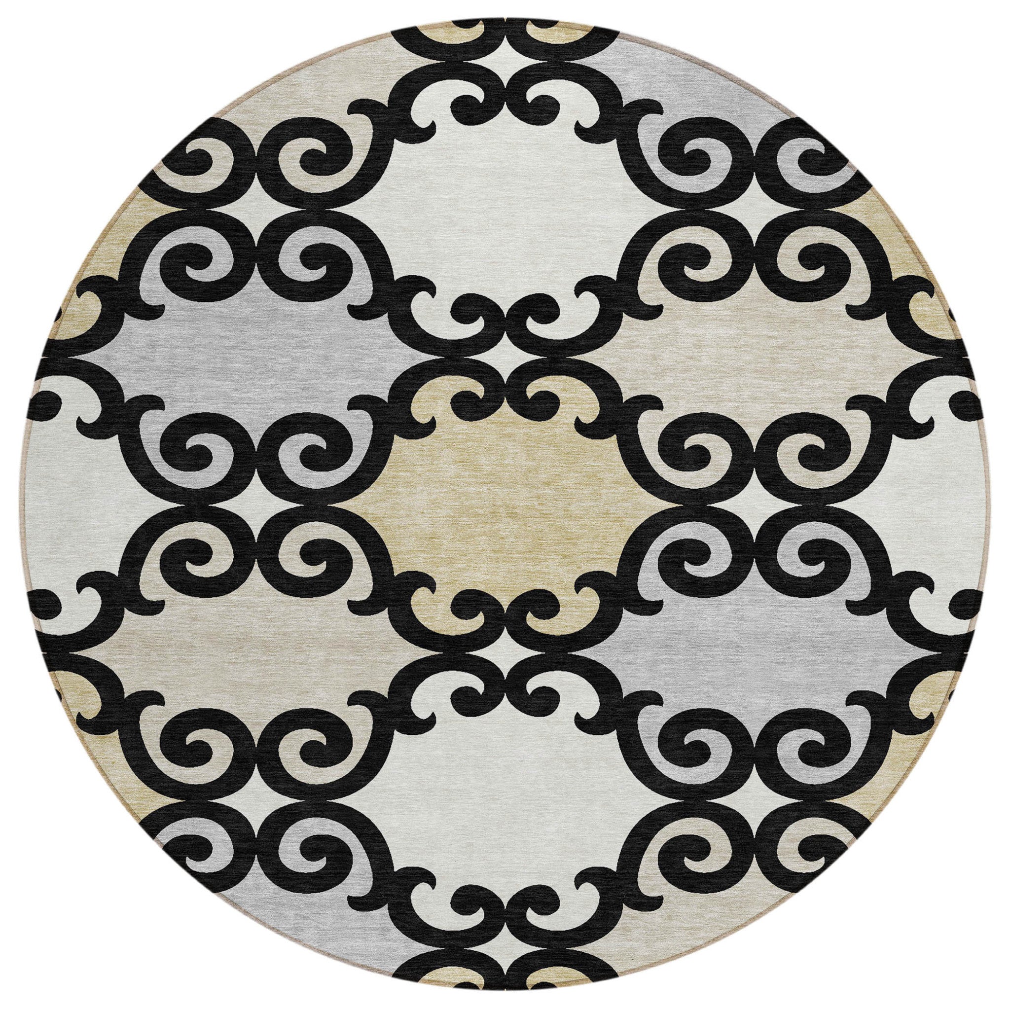 8' Black Gray And Ivory Round Trellis Washable Indoor Outdoor Area Rug