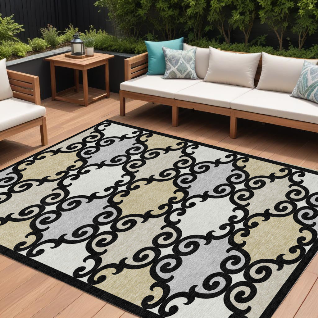 10' X 14' Black Gray And Ivory Trellis Washable Indoor Outdoor Area Rug