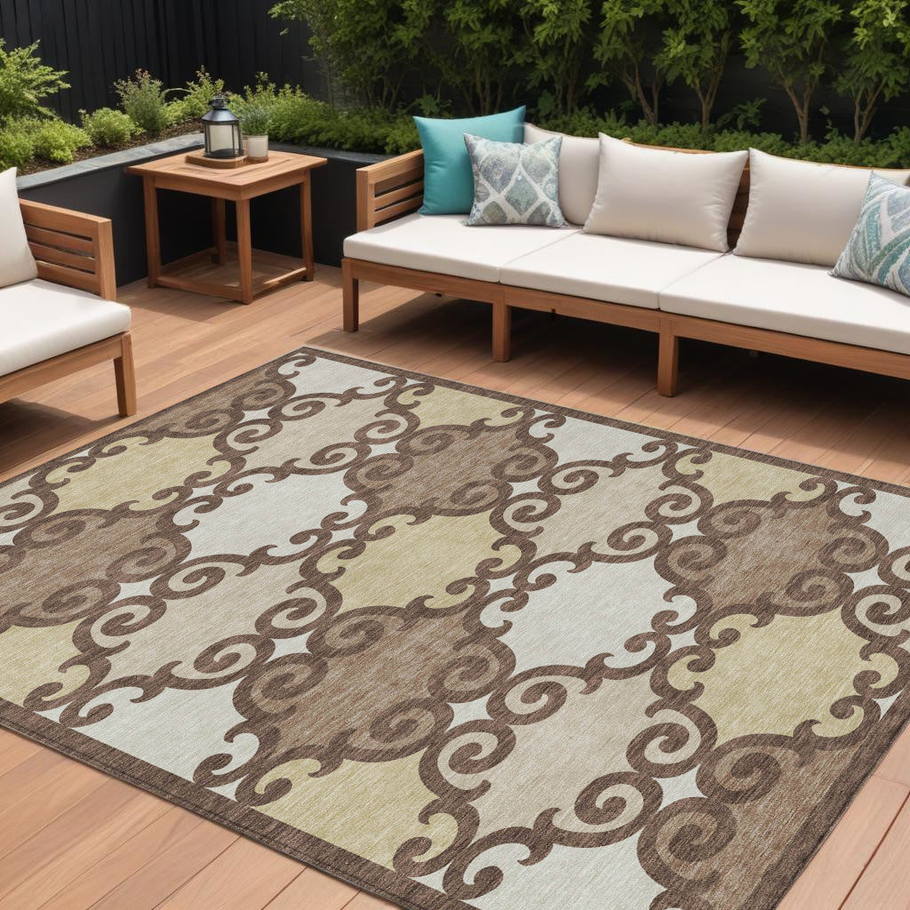 9' X 12' Brown And Beige Trellis Washable Indoor Outdoor Area Rug