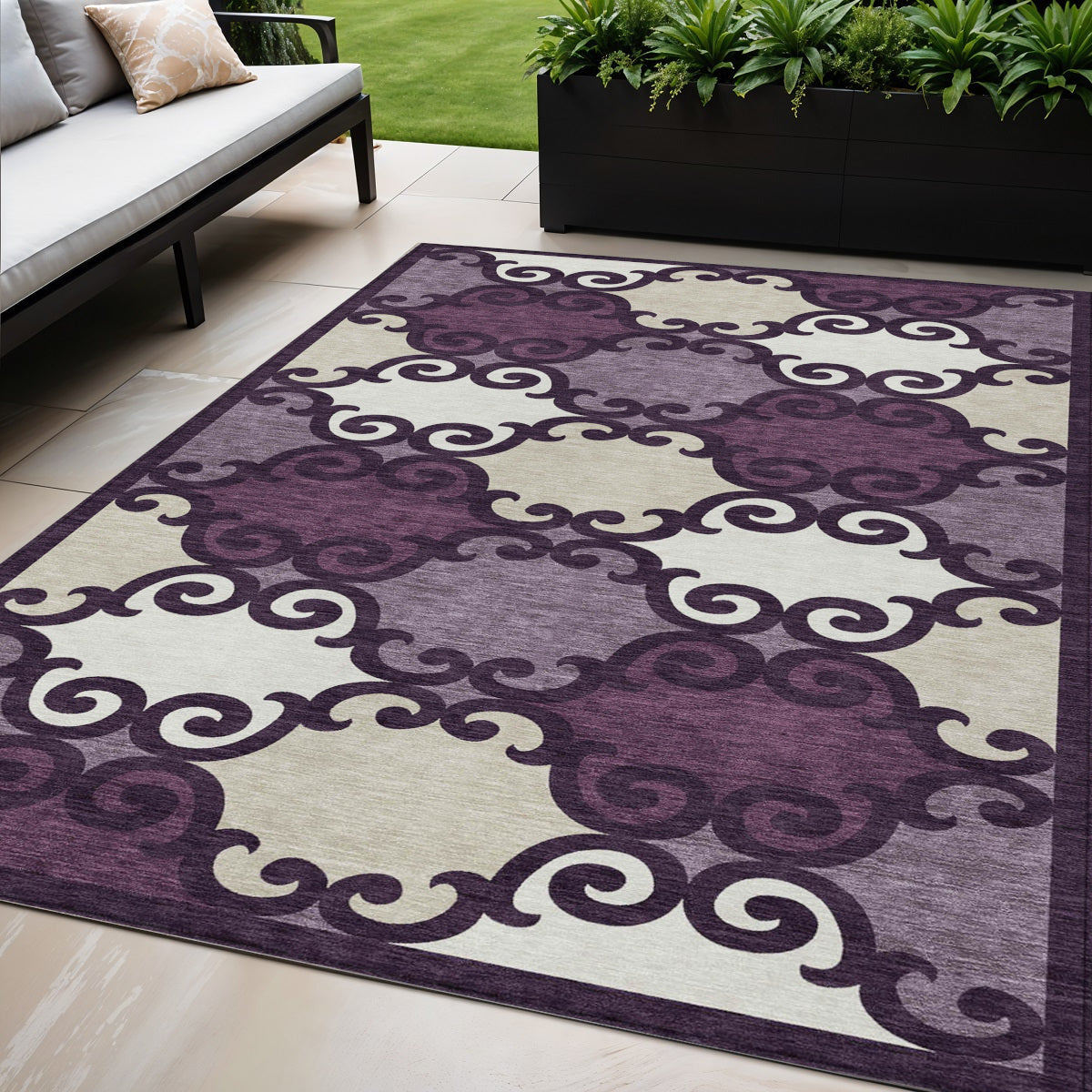 5' X 8' Eggplant And Ivory Trellis Washable Indoor Outdoor Area Rug