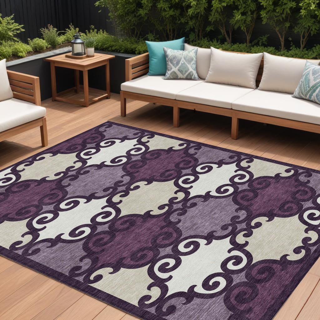 9' X 12' Eggplant And Ivory Trellis Washable Indoor Outdoor Area Rug