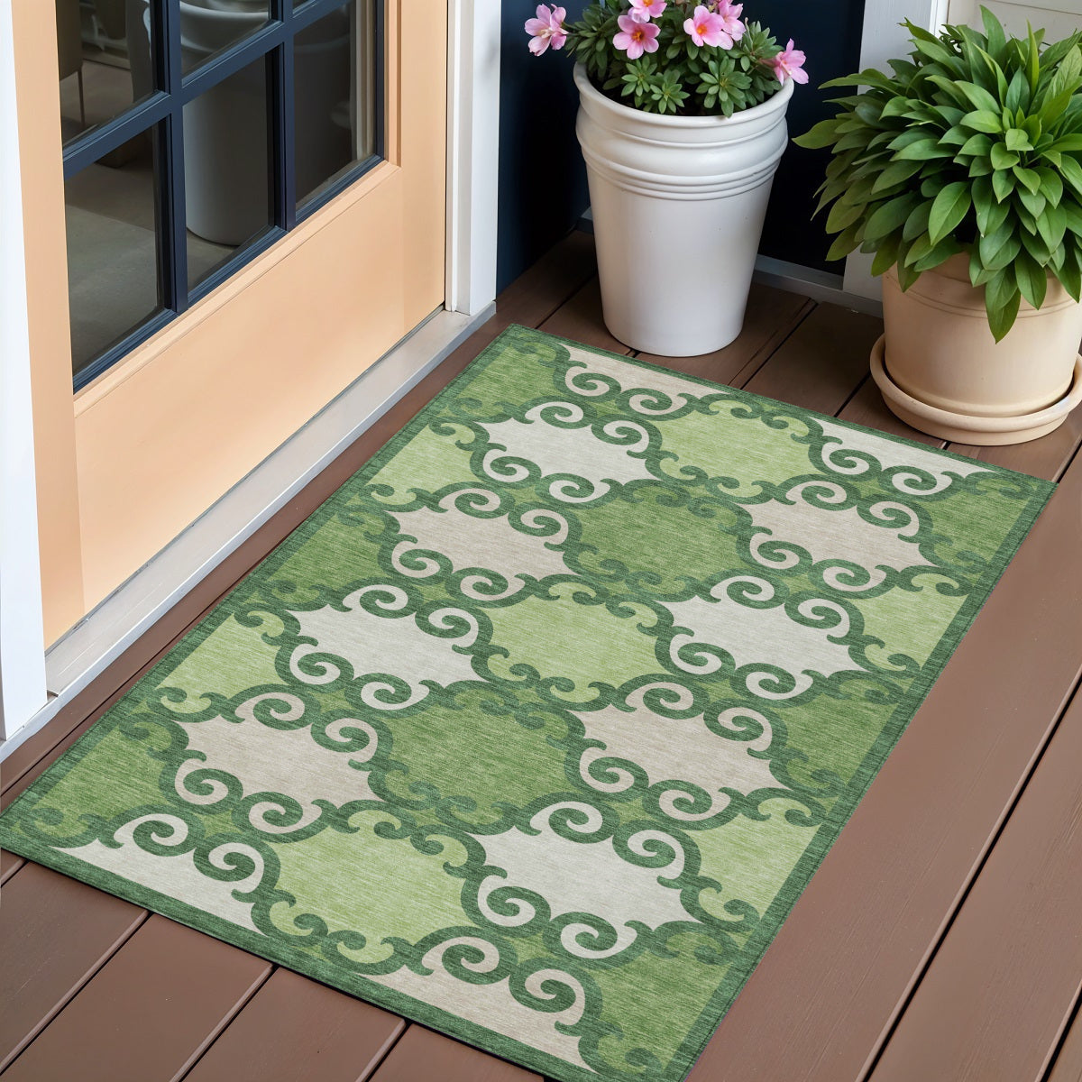 3' X 5' Green And Ivory Trellis Washable Indoor Outdoor Area Rug
