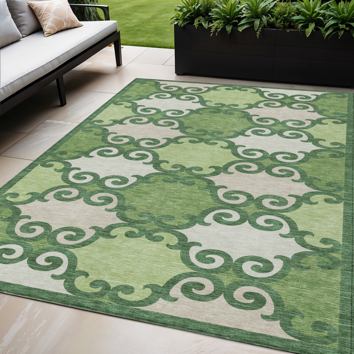 5' X 8' Green And Ivory Trellis Washable Indoor Outdoor Area Rug