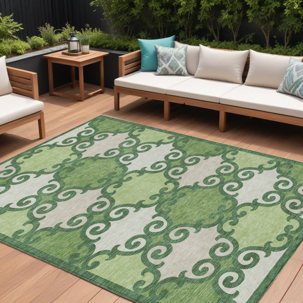 9' X 12' Green And Ivory Trellis Washable Indoor Outdoor Area Rug
