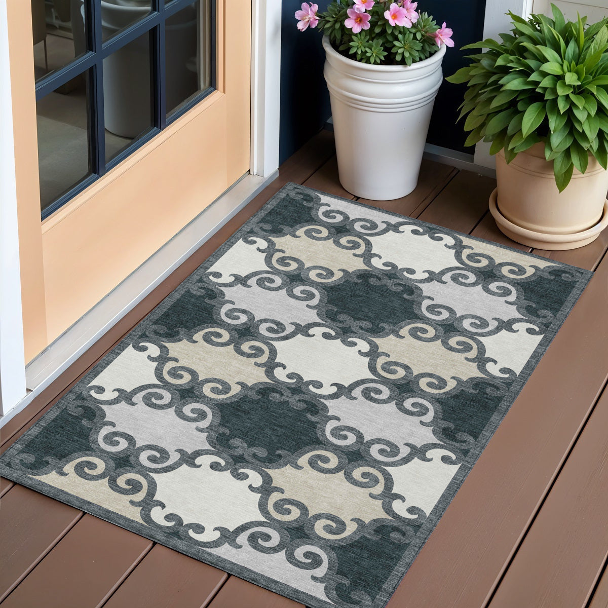 3' X 5' Gray And Ivory Trellis Washable Indoor Outdoor Area Rug