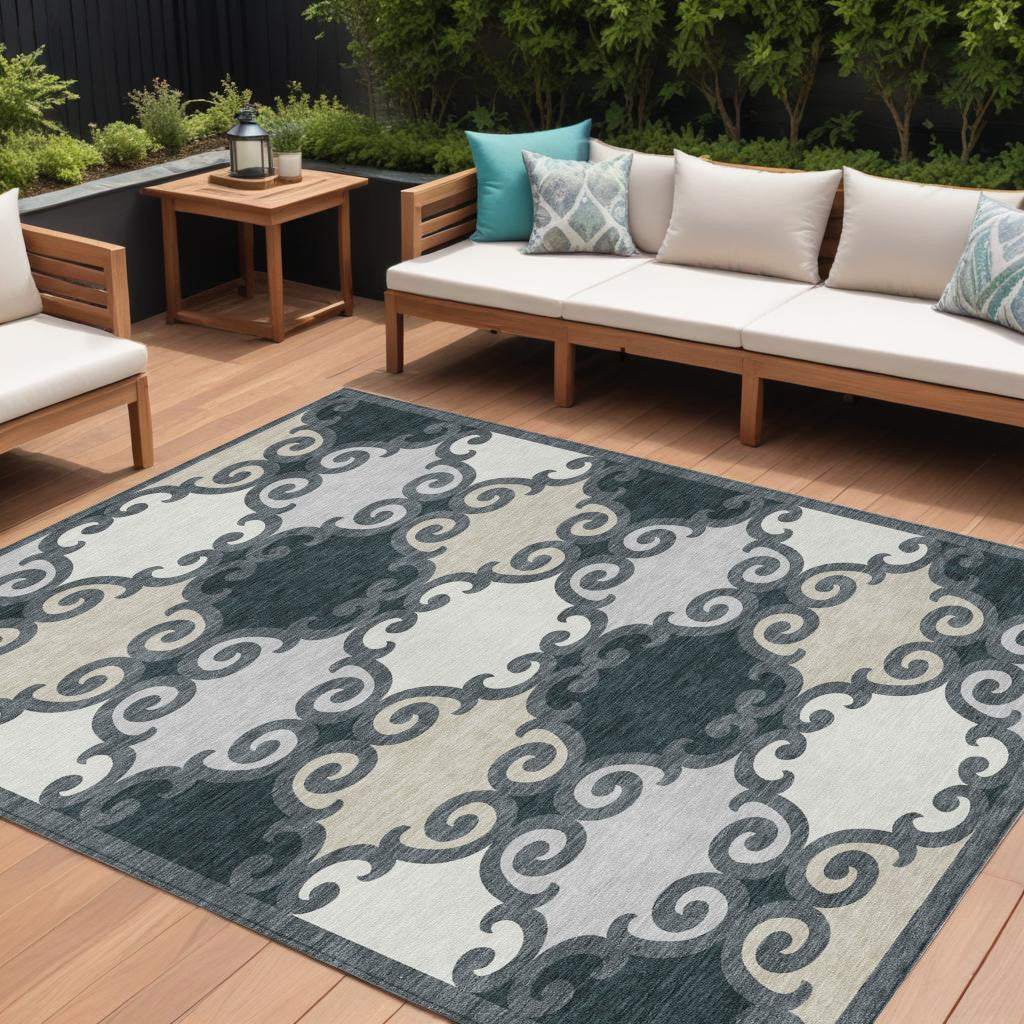 9' X 12' Gray And Ivory Trellis Washable Indoor Outdoor Area Rug