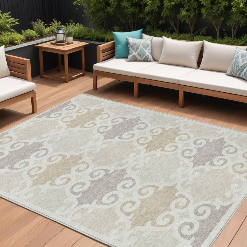9' X 12' Ivory And Beige Trellis Washable Indoor Outdoor Area Rug