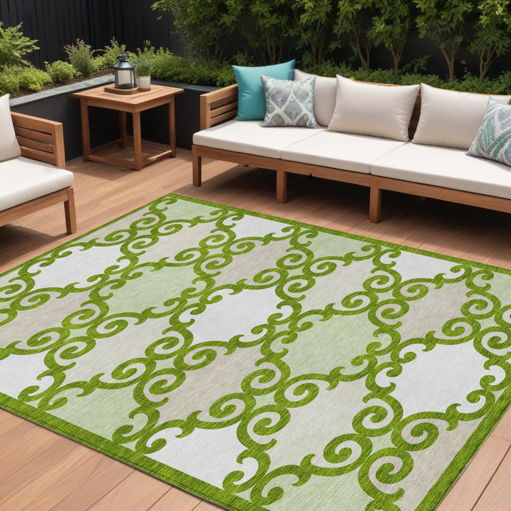 9' X 12' Lime Green And Ivory Trellis Washable Indoor Outdoor Area Rug