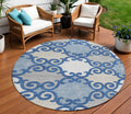 8' Navy Blue Gray And Ivory Round Trellis Washable Indoor Outdoor Area Rug