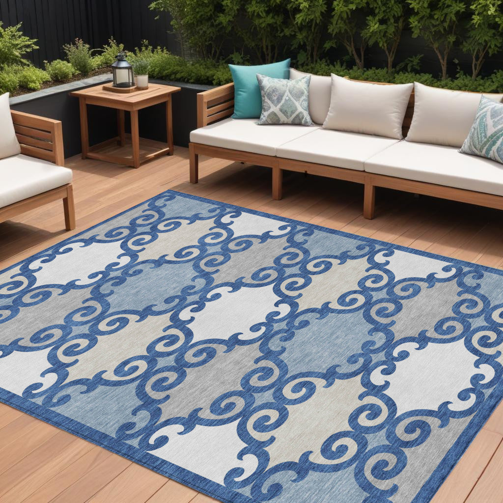 9' X 12' Navy Blue Gray And Ivory Trellis Washable Indoor Outdoor Area Rug