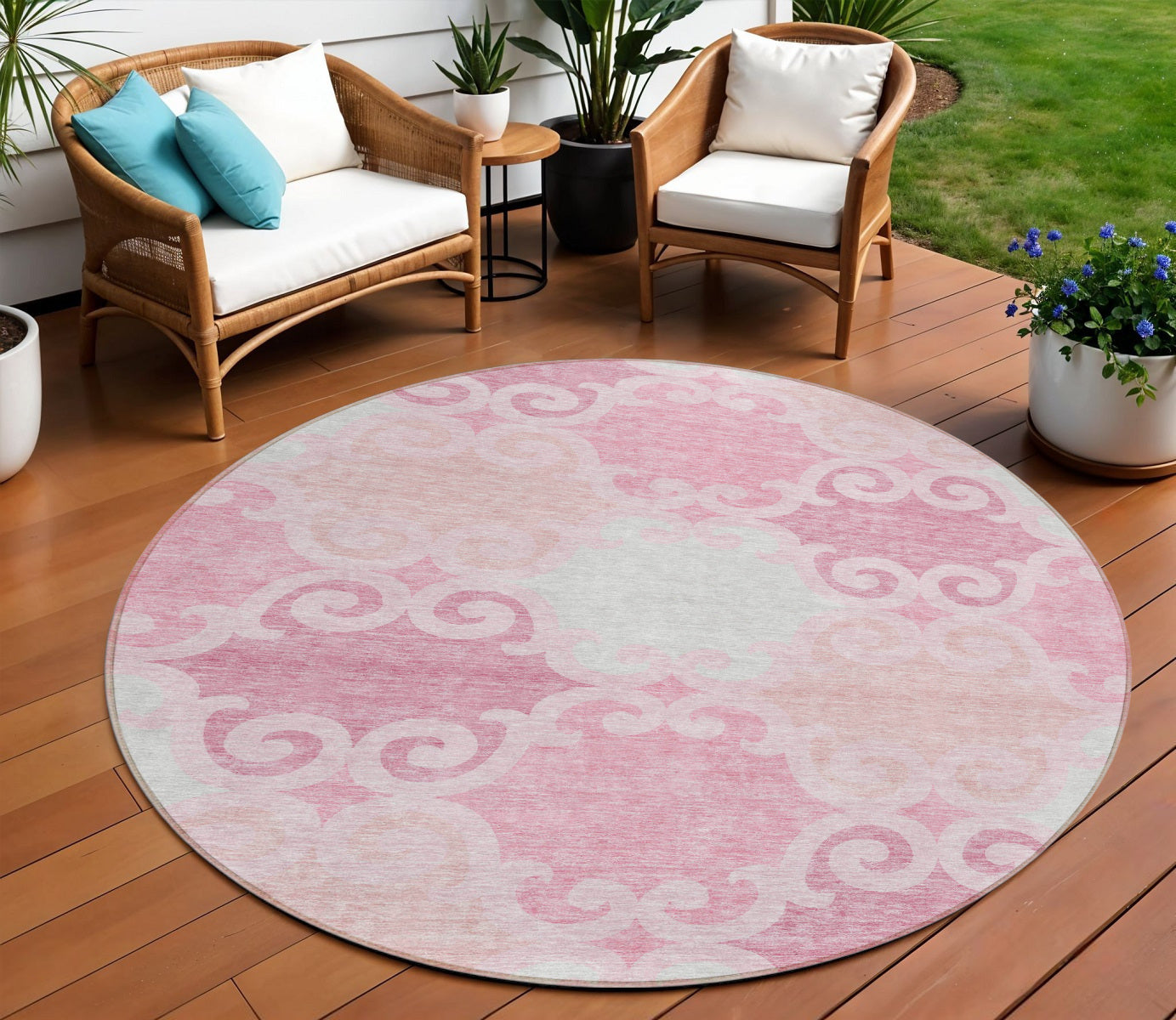 8' Pink And Gray Round Trellis Washable Indoor Outdoor Area Rug