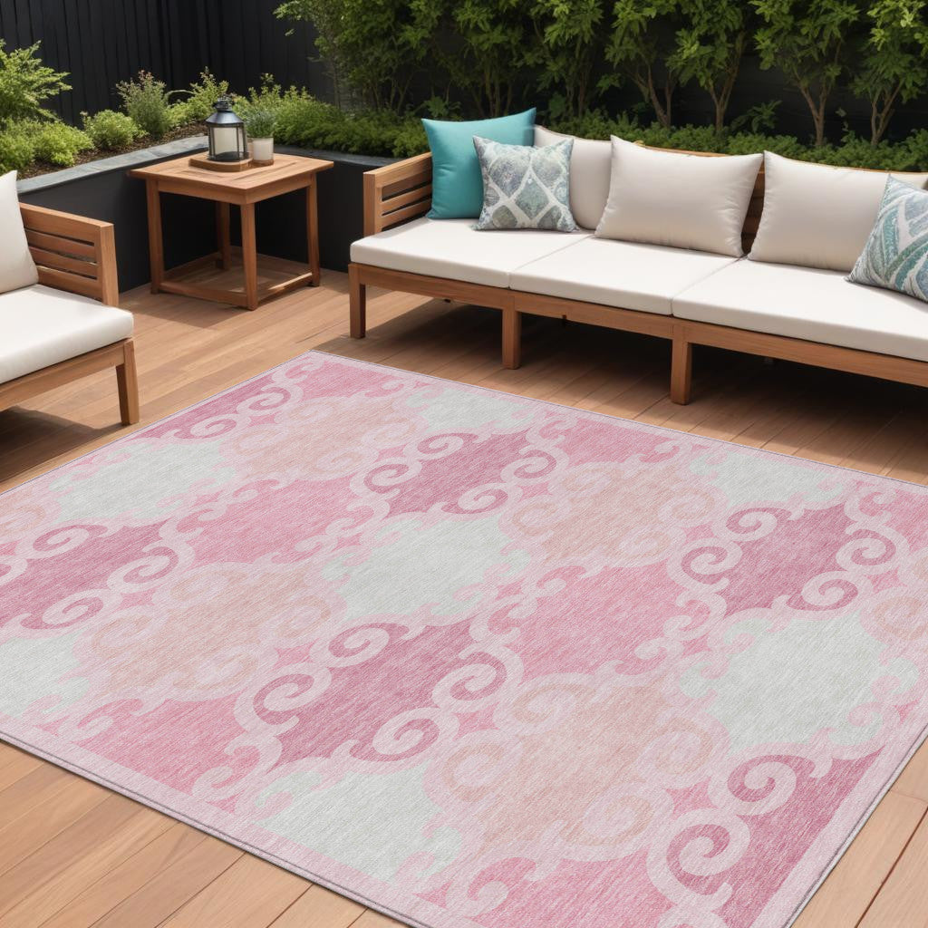 10' X 14' Pink And Gray Trellis Washable Indoor Outdoor Area Rug