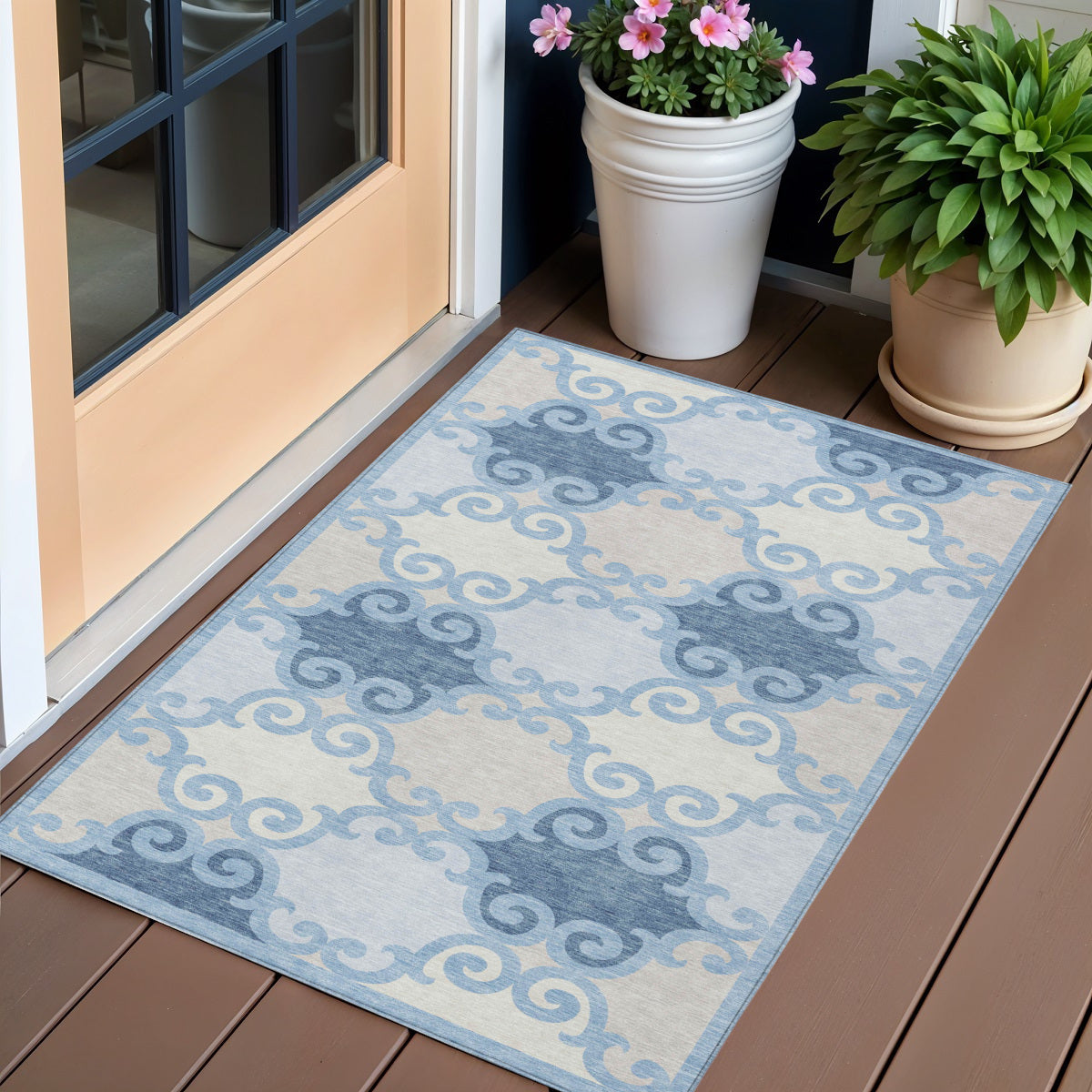 3' X 5' Sky Blue Gray And Ivory Trellis Washable Indoor Outdoor Area Rug