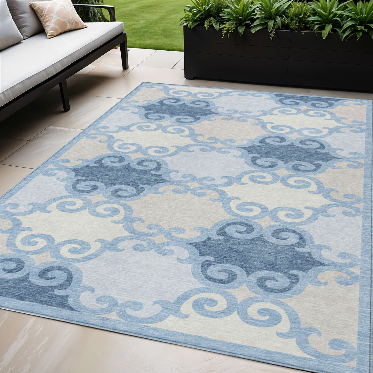 5' X 8' Sky Blue Gray And Ivory Trellis Washable Indoor Outdoor Area Rug