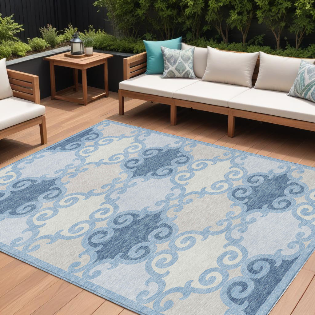 9' X 12' Sky Blue Gray And Ivory Trellis Washable Indoor Outdoor Area Rug