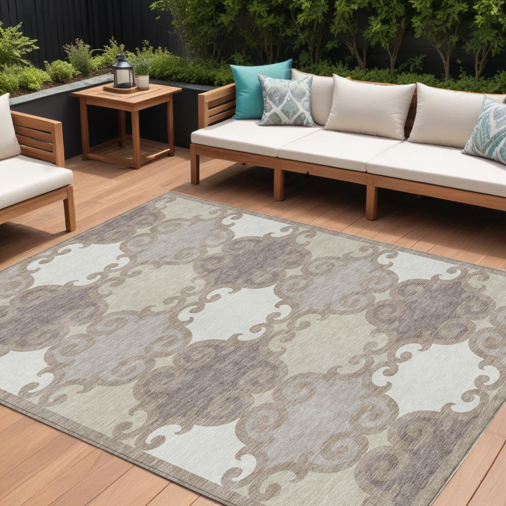 10' X 14' Taupe Beige And Gray Trellis Washable Indoor Outdoor Area Rug