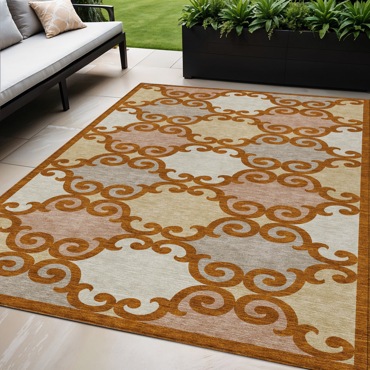 5' X 8' Terra Cotta Beige And Gray Trellis Washable Indoor Outdoor Area Rug