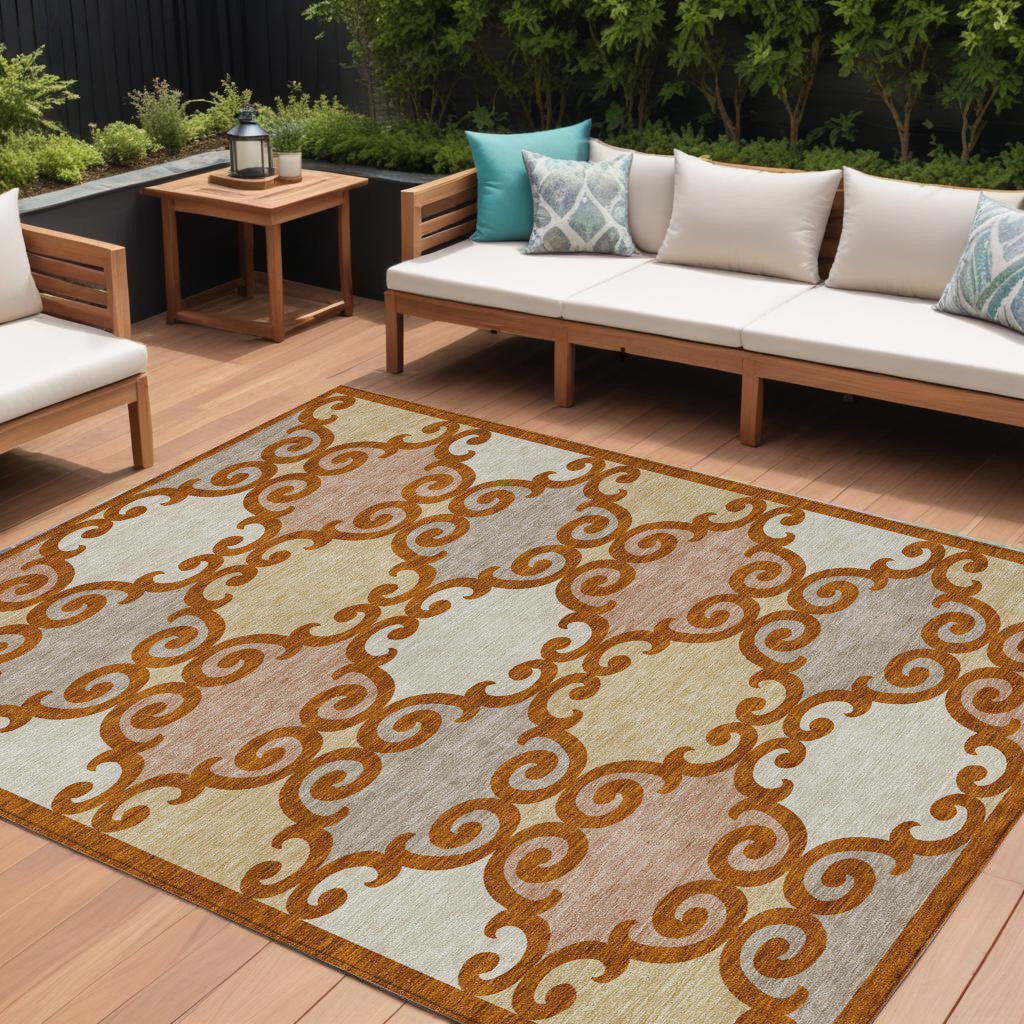9' X 12' Terra Cotta Beige And Gray Trellis Washable Indoor Outdoor Area Rug
