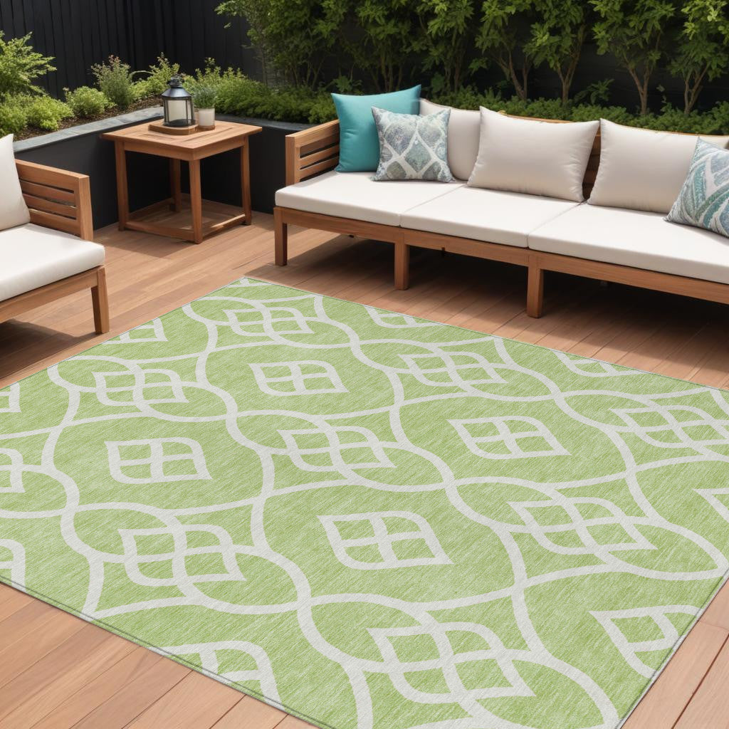 9' X 12' Artichoke Green And Ivory Trellis Washable Indoor Outdoor Area Rug