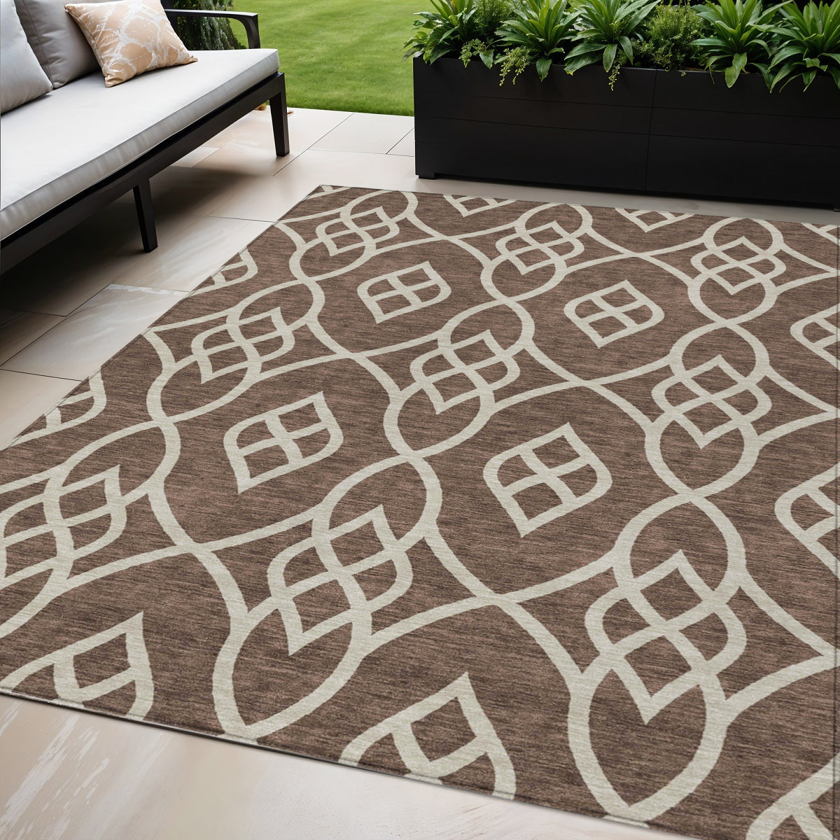 5' X 8' Chocolate And Ivory Trellis Washable Indoor Outdoor Area Rug