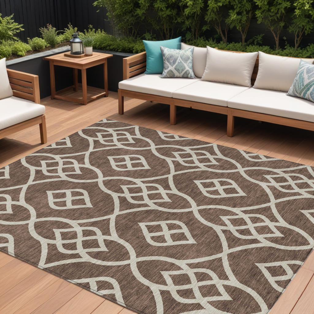 10' X 14' Chocolate And Ivory Trellis Washable Indoor Outdoor Area Rug