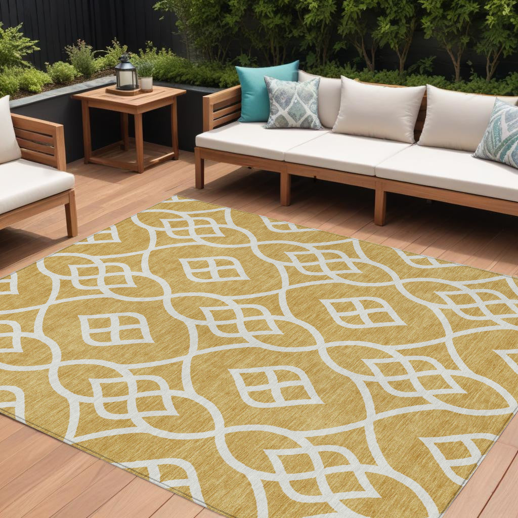 9' X 12' Gold And Ivory Trellis Washable Indoor Outdoor Area Rug