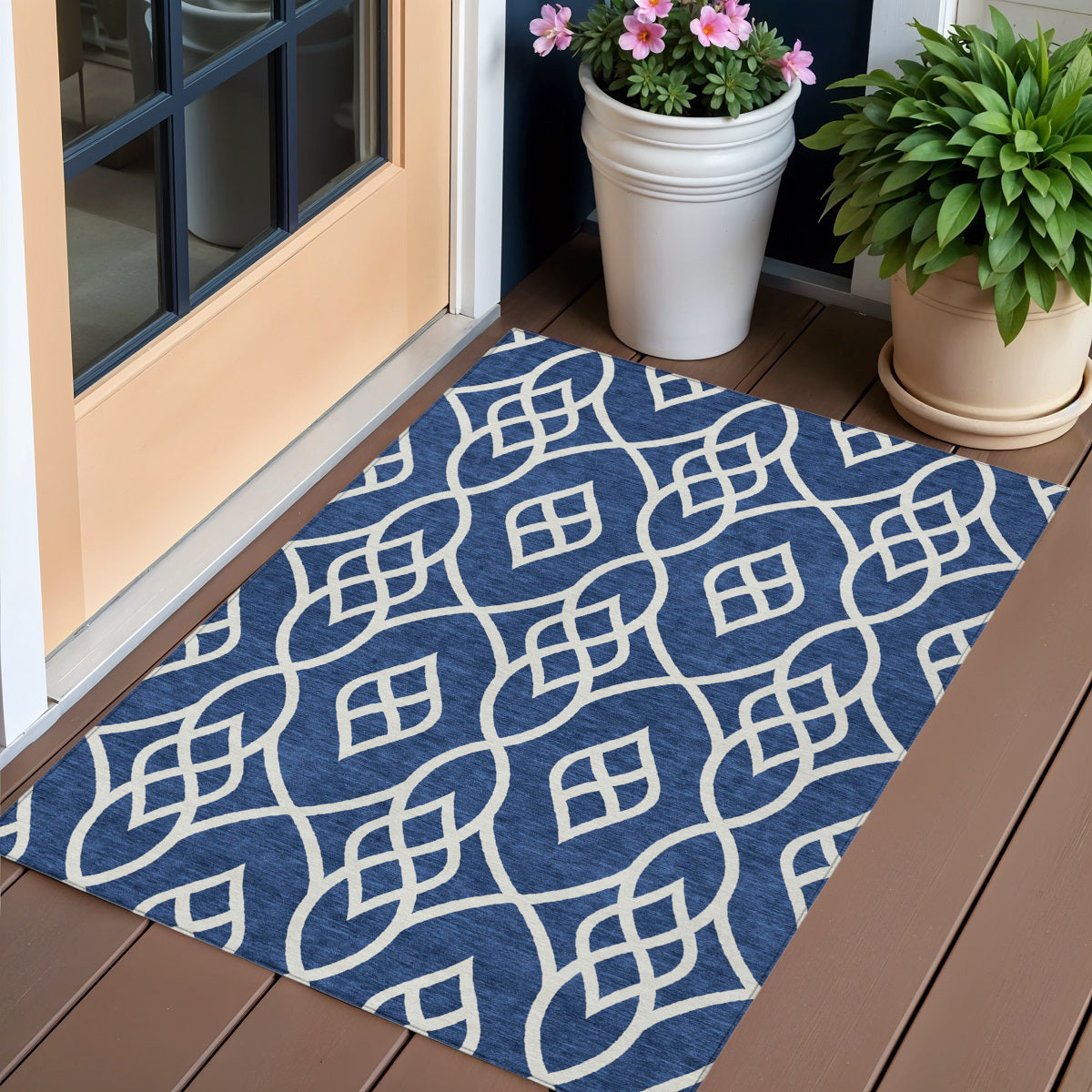 3' X 5' Navy Blue And Ivory Trellis Washable Indoor Outdoor Area Rug