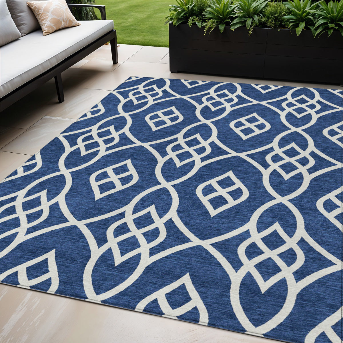 5' X 8' Navy Blue And Ivory Trellis Washable Indoor Outdoor Area Rug