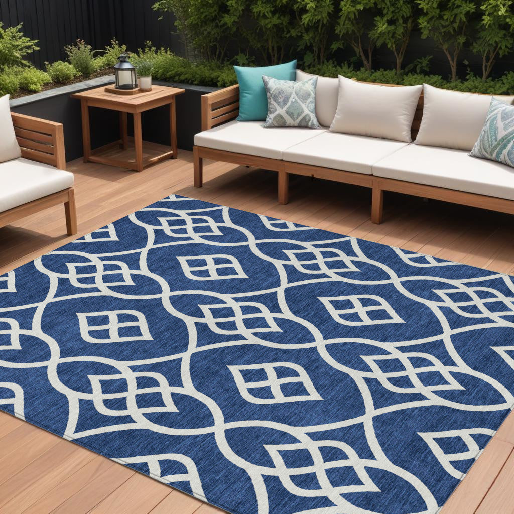 9' X 12' Navy Blue And Ivory Trellis Washable Indoor Outdoor Area Rug