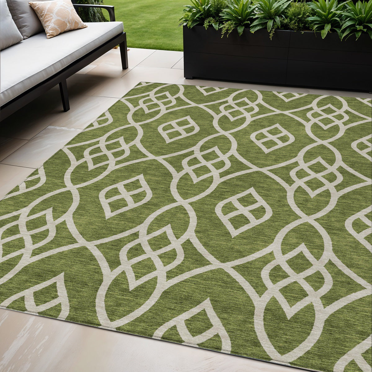 5' X 8' Olive Green And Ivory Trellis Washable Indoor Outdoor Area Rug