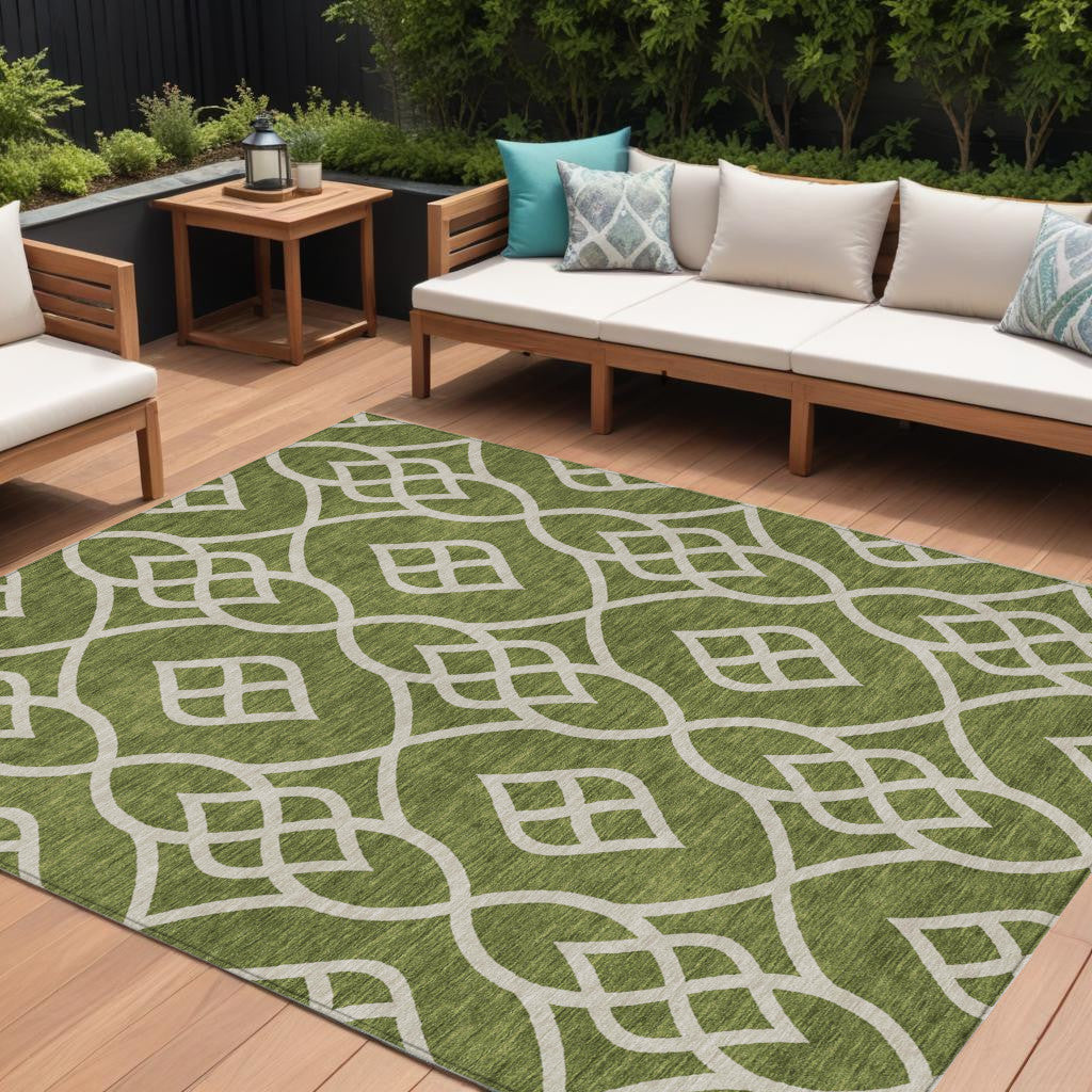 9' X 12' Olive Green And Ivory Trellis Washable Indoor Outdoor Area Rug