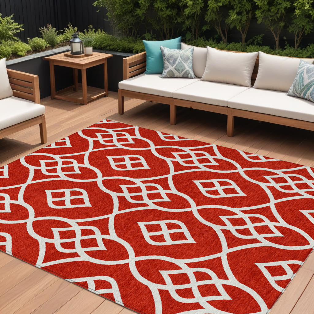 9' X 12' Red And Ivory Trellis Washable Indoor Outdoor Area Rug