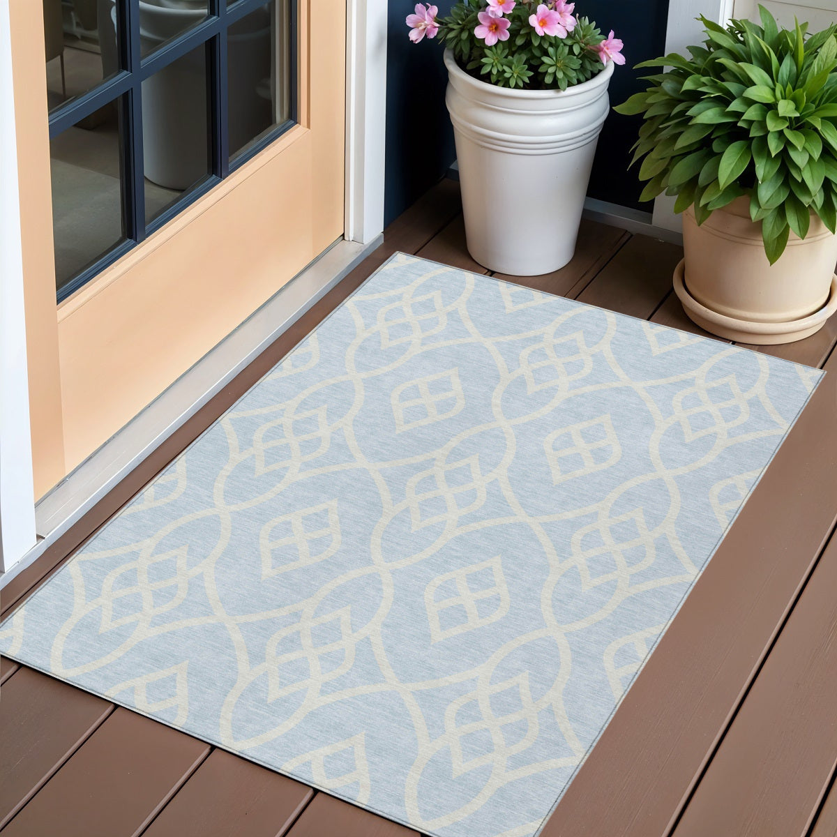 3' X 5' Sky Blue And Ivory Trellis Washable Indoor Outdoor Area Rug