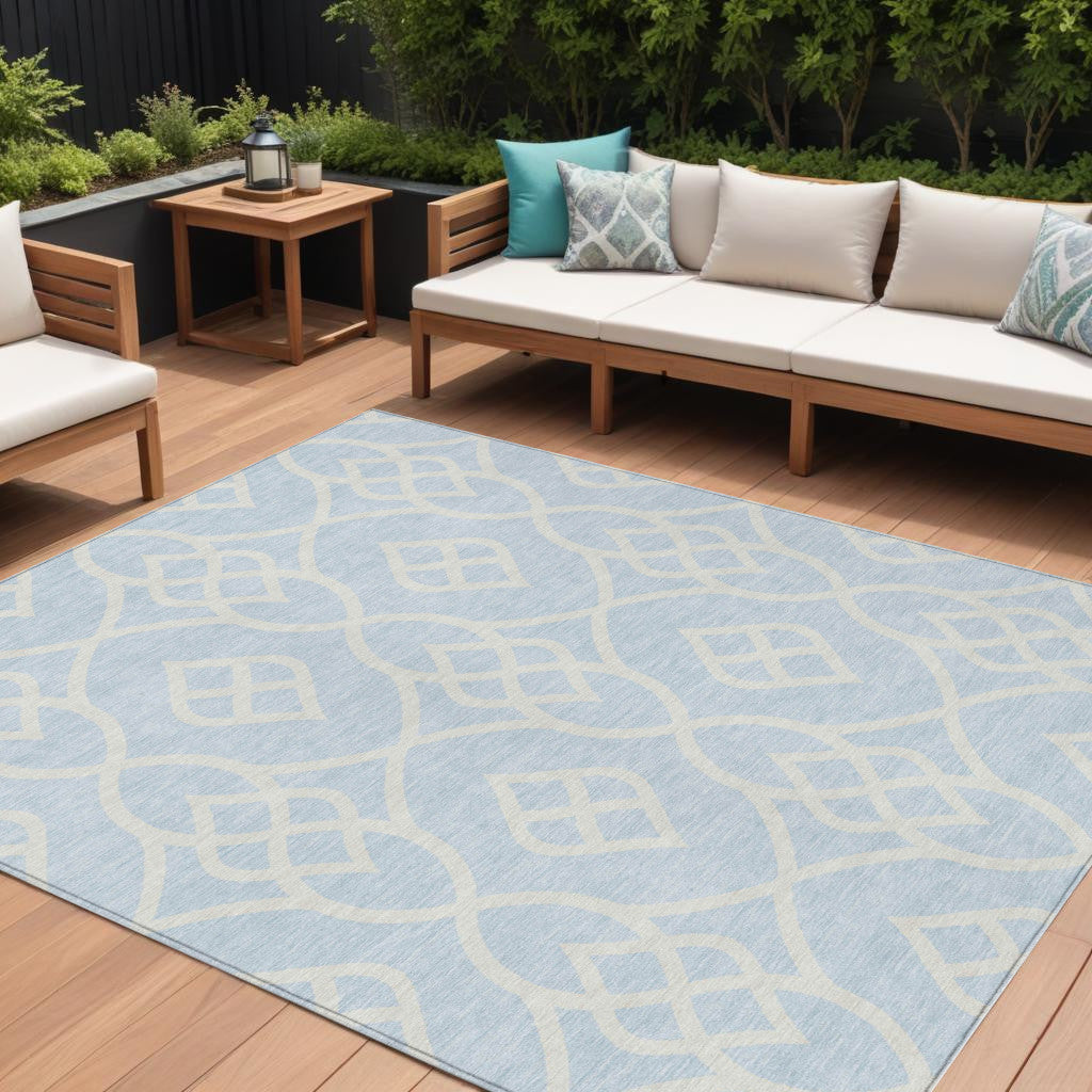 9' X 12' Sky Blue And Ivory Trellis Washable Indoor Outdoor Area Rug