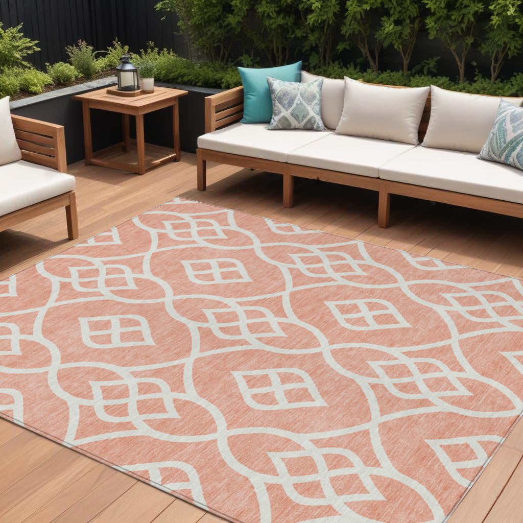 9' X 12' Salmon And Ivory Trellis Washable Indoor Outdoor Area Rug