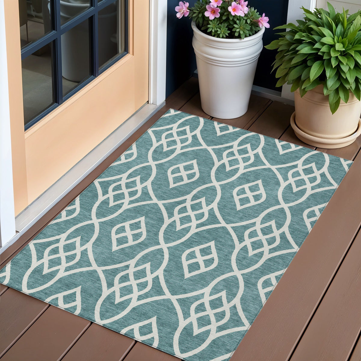 3' X 5' Teal Blue And Ivory Trellis Washable Indoor Outdoor Area Rug