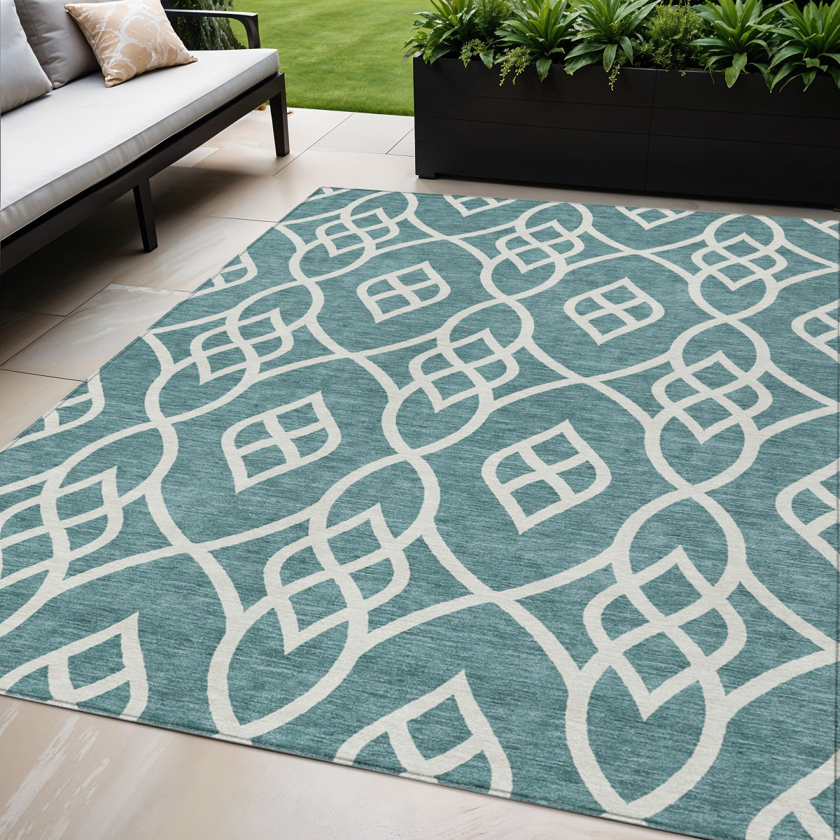5' X 8' Teal Blue And Ivory Trellis Washable Indoor Outdoor Area Rug
