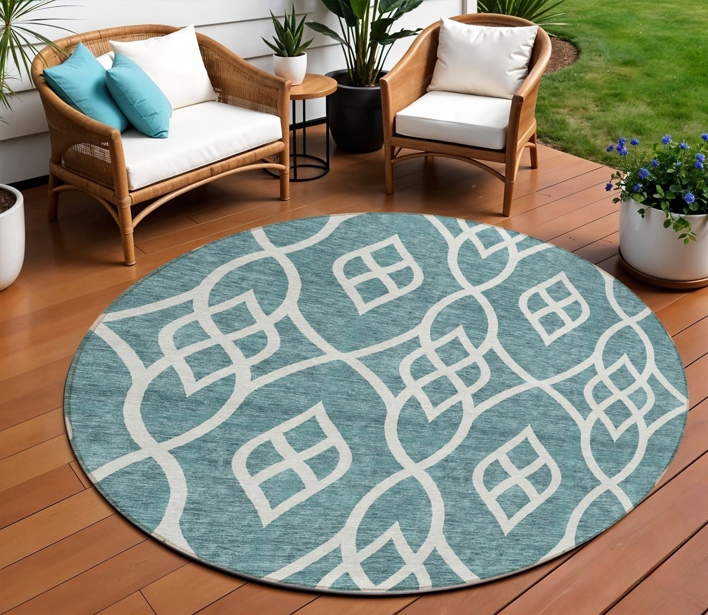 8' Teal Blue And Ivory Round Trellis Washable Indoor Outdoor Area Rug