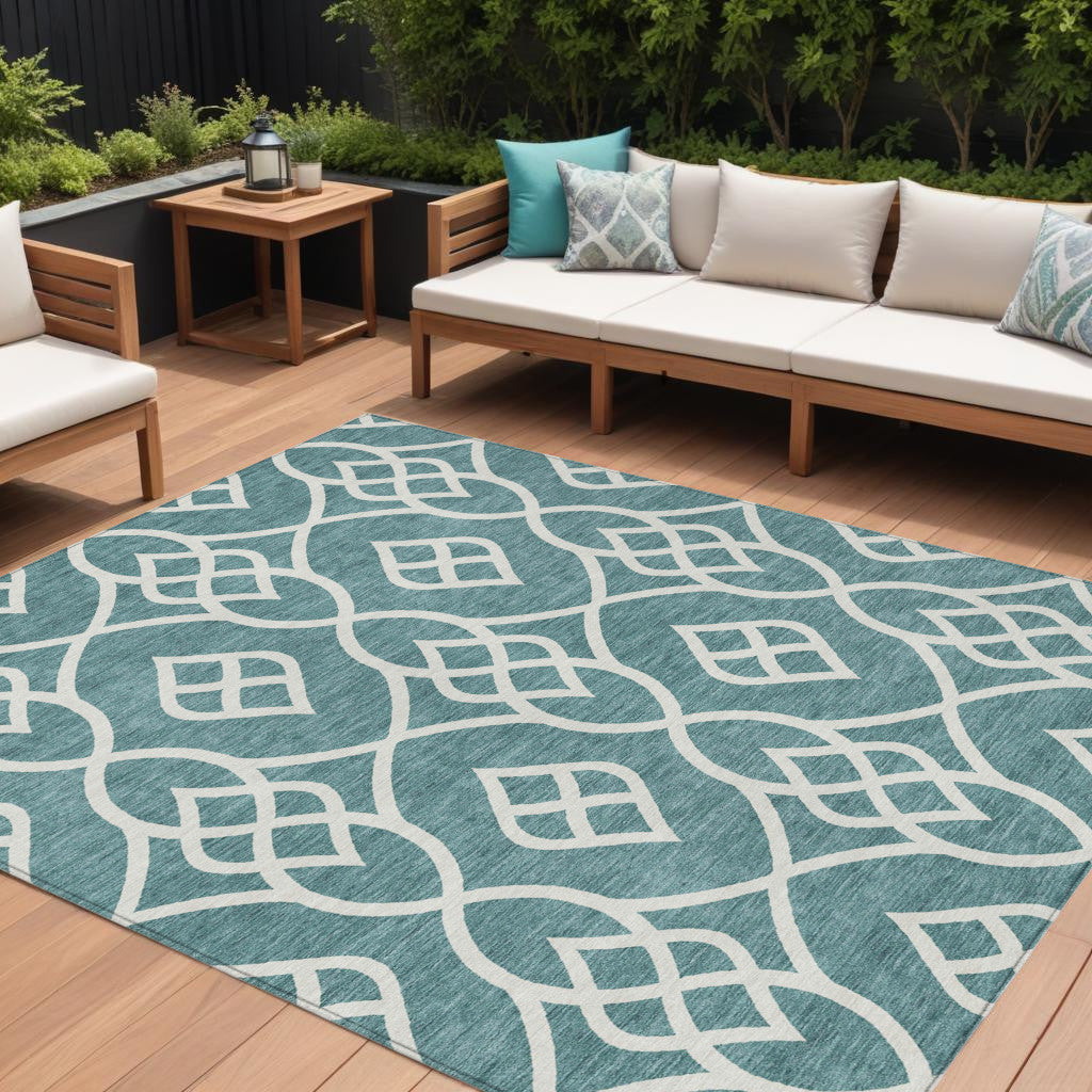 9' X 12' Teal Blue And Ivory Trellis Washable Indoor Outdoor Area Rug