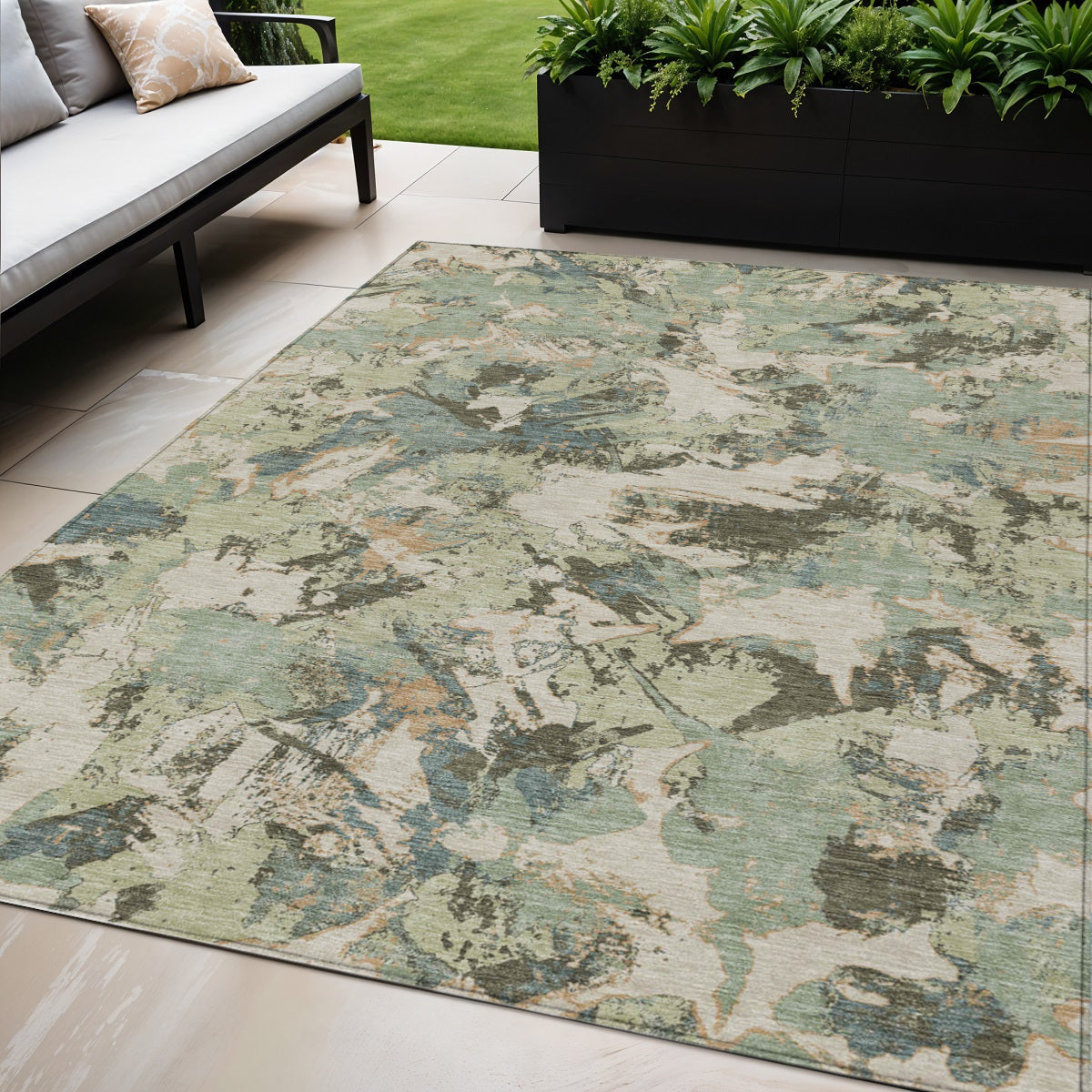 5' X 8' Beige Brown And Green Floral Washable Indoor Outdoor Area Rug