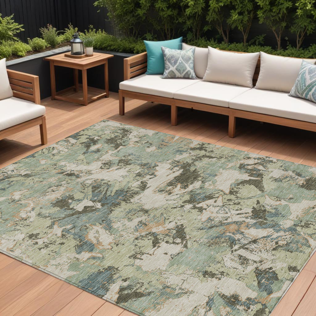 10' X 14' Beige Brown And Green Floral Washable Indoor Outdoor Area Rug
